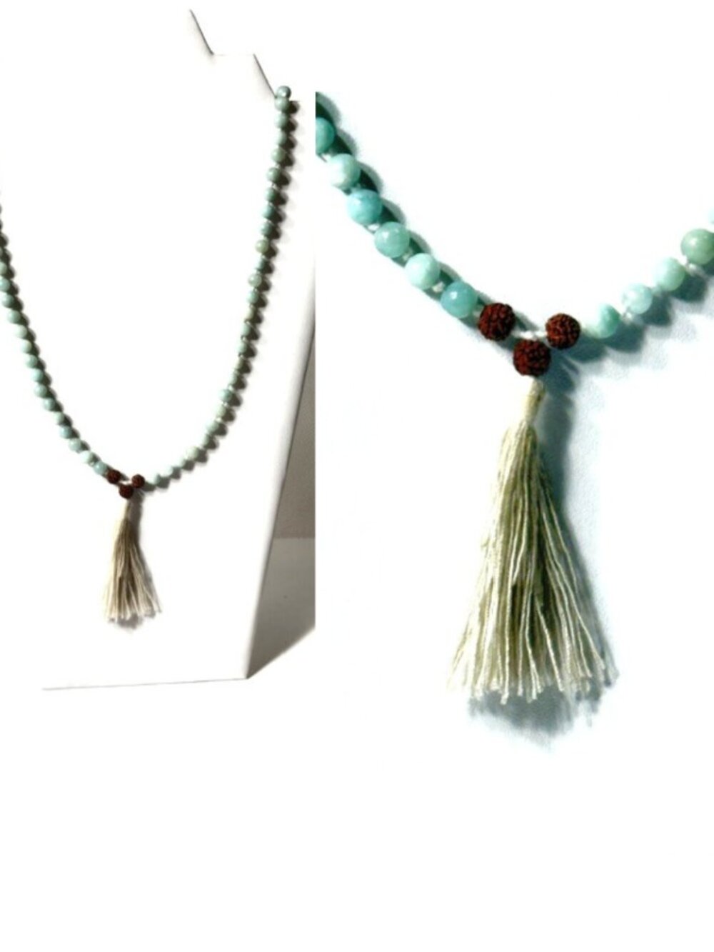 Hand-knotted Amazonite and sandalwood mala aum/om necklace w/ cotton tassel